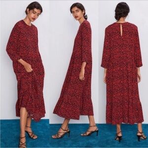 ZARA Print Dress Animal Print Red/Black M 3/4 Sleeves Midi